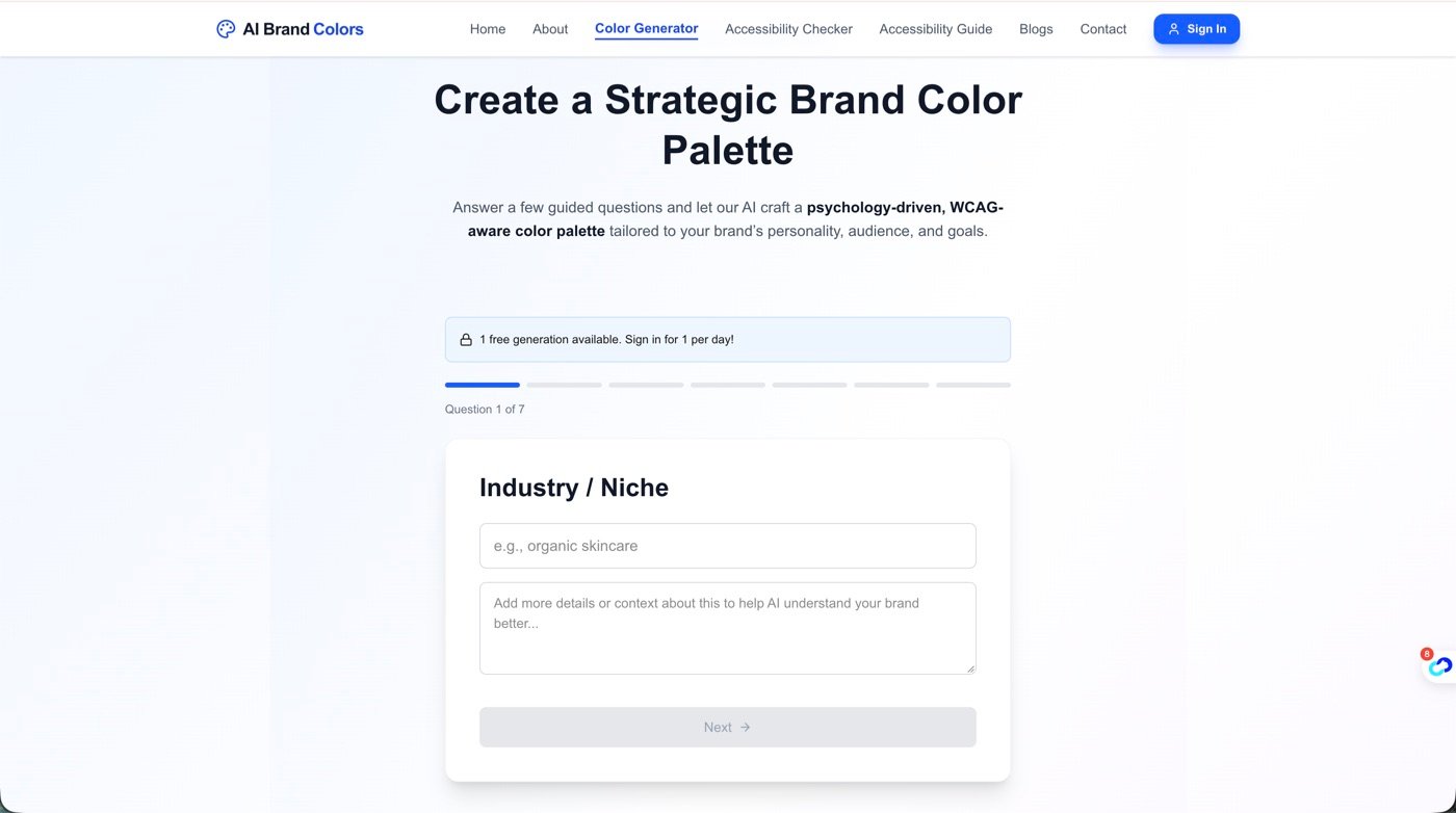 AI Brand Colors wizard question 1 of 7: industry or niche, with an optional context box