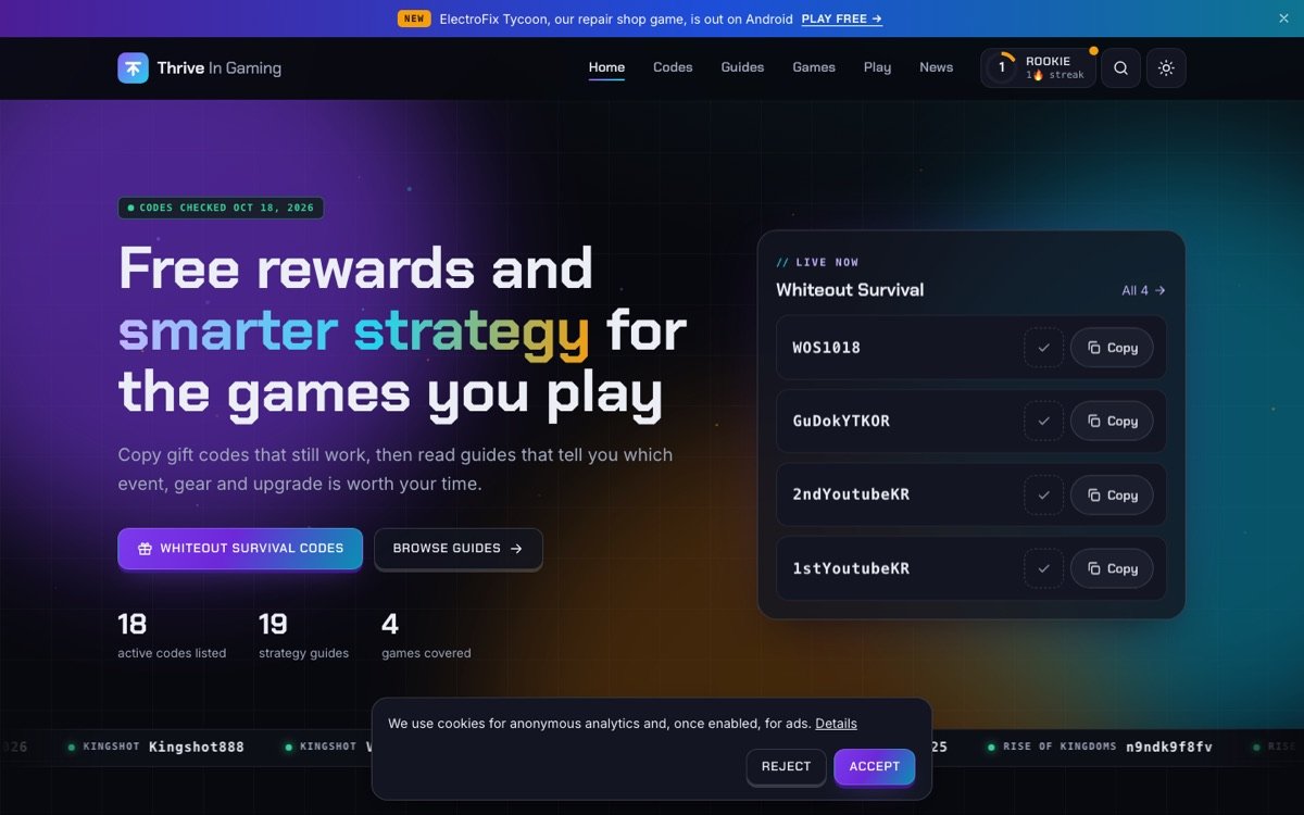 Thrive In Gaming website homepage